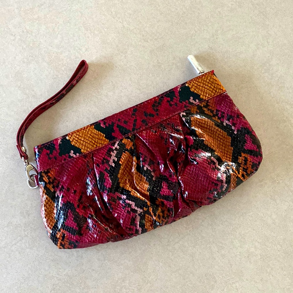 Burgundy snake print clutch purse